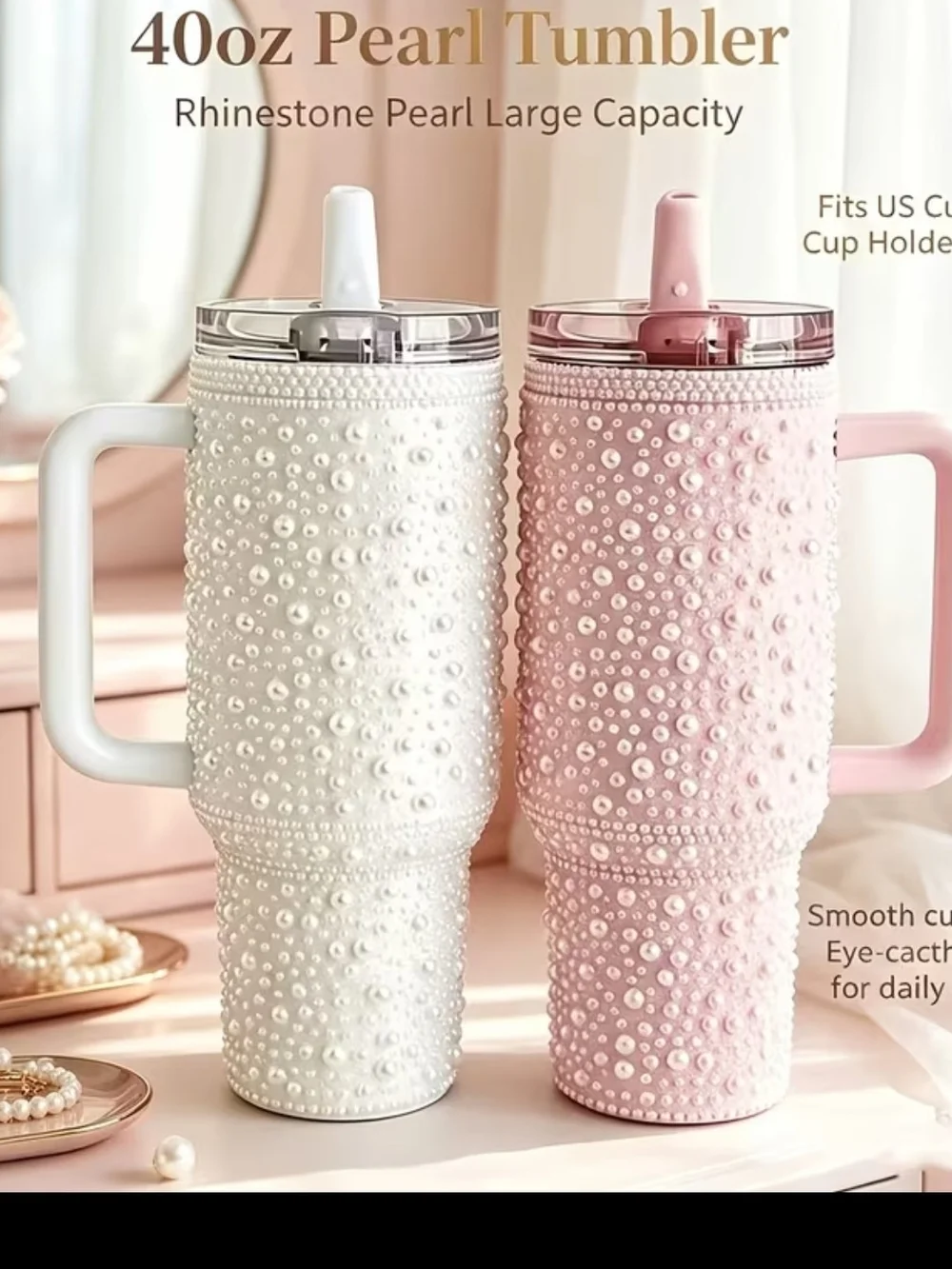 Pearl Rhinestone 40oz Tumbler with Handle - Pink and White